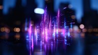 Glowing purple and blue light streaks create dynamic vertical lines against dark background with bokeh effect, suggesting digital data visualization or audio waves.