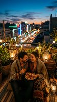 Young bohemian couple sharing food on a cozy rooftop terrace at sunset, surrounded by plants and lanterns with glowing city lights below.