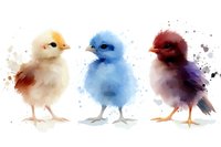 Three adorable baby chicks in watercolor style with paint splatters on white background, isolated for design projects and spring themed artwork.