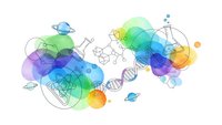 Abstract scientific molecular structure with colorful gradient bubbles and DNA helix elements for biotechnology research presentations and educational materials.