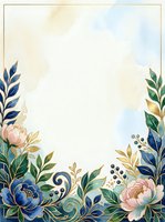 Watercolor floral frame with blue and pink peonies, ornamental leaves, and botanical elements on soft cream background. Isolated design ready for invitations, greeting cards, and stationery projects.