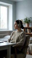 Young woman of South Asian descent wearing wireless headphones and a beige sweater, sitting at a desk in a bright, minimalist home office with plants and natural light for remote work or online learning.