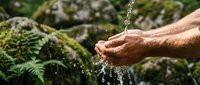 Male hands cupping fresh clean water from natural spring source in lush green forest environment for wellness and purity concepts.