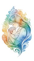 Watercolor mother holding baby with decorative swirls on white background for motherhood designs and family artwork.
