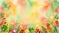 Watercolor autumn harvest border with fresh vegetables, fruits, and herbs in warm fall colors on white background, isolated for design use.