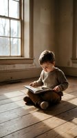 Young boy reading book sitting on wooden floor by window in cozy room with natural light creating warm atmosphere for learning and education.