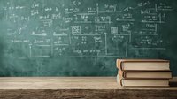 Stack of books on wooden desk against green chalkboard with complex mathematical formulas and equations written in chalk, education and learning concept.