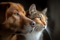 Close-up portrait of golden retriever dog and tabby cat together in warm lighting showing friendship and companionship between pets on dark background.