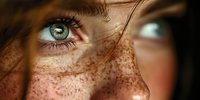 Young woman with freckles and green eyes in warm sunlight showcasing natural beauty and skincare concepts for wellness and portrait photography.