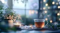Steaming cup of hot tea with burning candle and delicate flowers on windowsill against blurred bokeh lights background, creating cozy evening atmosphere.