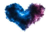 Cosmic heart shape formed by blue and purple galaxy nebula with stars on black background, isolated design element for creative projects.
