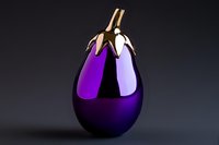 Glossy purple eggplant with metallic gold stem and leaves against dark background, dramatic lighting creates elegant reflection and shadows for culinary design.