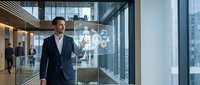 Professional businessman in dark suit walking through modern glass office corridor with city skyline view and colleagues in background workspace.