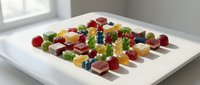 Colorful assorted gummy candies and chocolates arranged in neat rows on white plate, perfect for party treats, dessert presentation, and confectionery displays.