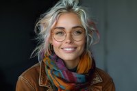 Young Caucasian woman with platinum blonde hair and round glasses smiling warmly at camera, wearing colorful patterned scarf and brown leather jacket against dark background.