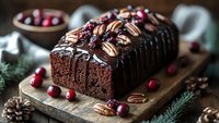 Chocolate loaf cake with dark ganache topping, decorated with fresh cranberries and pecan nuts on rustic wooden board, festive winter dessert styling.