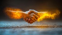 Glowing handshake with magical golden light effect and sparkling particles against dark background symbolizes business agreement and partnership success.