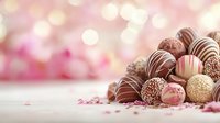Assorted chocolate truffles with white and dark chocolate coating, sprinkles and gold decoration on pink bokeh background with scattered confetti.