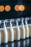Fresh milk bottles in row with bokeh lights background, shallow depth of field focus on glass containers filled with dairy product for delivery service.