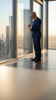 Senior businessman in navy suit holding coffee cup standing by floor-to-ceiling windows overlooking city skyline at sunset in modern office building.