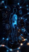 Futuristic medical interface showing glowing blue human anatomy with digital data displays and diagnostic information on dark background for healthcare technology.