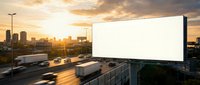 Large blank billboard on urban rooftop at golden hour sunset with city skyline and traffic below, suitable for advertising mockups and commercial campaigns.