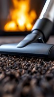 Close-up view of vacuum cleaner brush cleaning carpet with fireplace flames in background, showing detailed bristles and professional cleaning equipment.