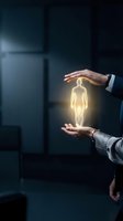 Businessman hands protecting glowing human figure symbolizing employee care, insurance coverage, and corporate responsibility in modern office.