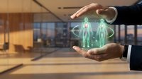 Businessman hands protecting holographic human figures in modern office representing healthcare insurance, employee protection and corporate wellness programs.