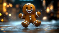 Smiling gingerbread man cookie with white icing decoration on winter street with bokeh lights in background. Holiday baking tradition.