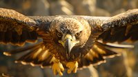 Majestic golden eagle soaring with outstretched wings against warm sunlit background, showcasing detailed feather patterns and intense gaze for wildlife photography.