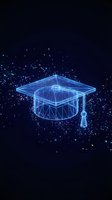 Glowing neon wireframe graduation cap with digital particles on dark background, representing online education, e-learning, digital degree and virtual learning technology for educational websites and training platforms.
