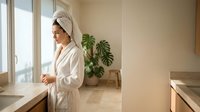 Young woman in white bathrobe with towel on head standing by window in modern bathroom after shower, morning self-care routine at home.