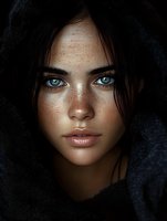 Close up portrait of young mixed race woman with striking blue eyes, freckles, and natural makeup wearing dark hood, dramatic lighting enhances facial features.