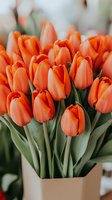Fresh orange tulips in full bloom arranged in vase, close-up view showing vibrant petals and green stems against soft background. Suitable for spring seasonal designs.
