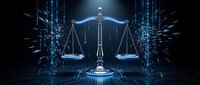 Digital justice scales with glowing blue circuit patterns and data streams representing legal technology, cybersecurity law, and digital transformation in judiciary.