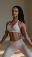 Young African American woman with long braids wearing white ribbed sports bra and leggings in minimal setting, showing fit athletic body and confident pose.