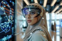 Young woman wearing futuristic smart glasses and hijab in high-tech environment with digital displays and data visualization in background.