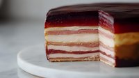 Layered jelly and cream dessert with alternating red and white stripes on marble plate, cross section view showing delicate texture and multiple layers.