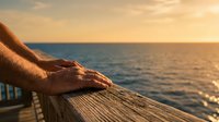 Male hands resting on wooden ship railing at sunset over calm ocean waters. Golden hour lighting creates serene maritime atmosphere. Suitable for travel, leisure, and nautical themed projects.