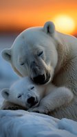 Polar bear mother and cub resting together on ice during sunset, showcasing tender wildlife moment in Arctic environment.