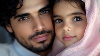 Young Middle Eastern father with beard and blue eyes embracing his adorable daughter wearing pink hijab in tender family moment showing love and connection.