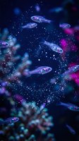 Transparent glass fish swimming in deep blue ocean water with pink coral and floating bubbles creating magical underwater scene for marine life designs.