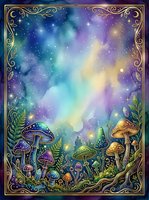 Enchanted forest scene with glowing mushrooms and magical aurora lights in night sky, surrounded by ornate gold frame border.