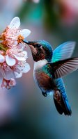 Vibrant hummingbird with iridescent blue and turquoise feathers feeding on delicate pink cherry blossom nectar against soft bokeh background, wings spread in hovering motion.