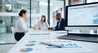 Business team analyzing quarterly financial performance data with charts and graphs during corporate meeting in modern office conference room.