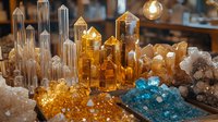 Crystal clusters in amber, clear and blue tones with glowing light effect, arranged on dark surface creating magical mineral composition. Decorative healing stones display.
