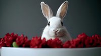 White bunny rabbit peeking through vibrant red carnations against dark green background, creating whimsical spring composition for greeting cards and holiday designs.