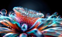 Macro photography of water drops on dandelion seed creating rainbow prism effect with vibrant orange and blue colors against dark background. Natural abstract art.