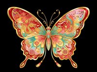 Ornate butterfly with Asian-inspired dragon motifs, gold accents, and vibrant red and teal tones. Isolated on transparent background, ready for stickers, sublimation, and t-shirt design.